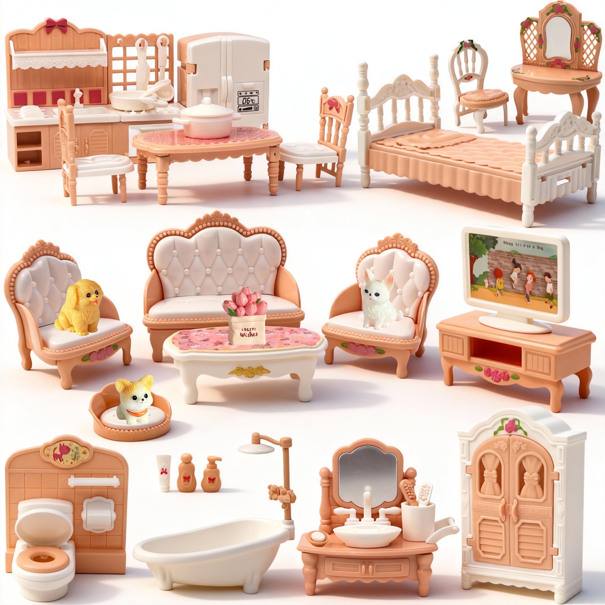 Dollhouse Furniture Set, 38 Pcs Miniature Doll House Accessories with Dogs and Cat ，Kitch…