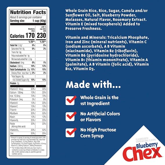 Blueberry Chex Cereal, Gluten Free,12 oz | 13g Whole Grain per Serving, Good Source of 12 Vitamins & Minerals, No High Fructose Corn Syrup