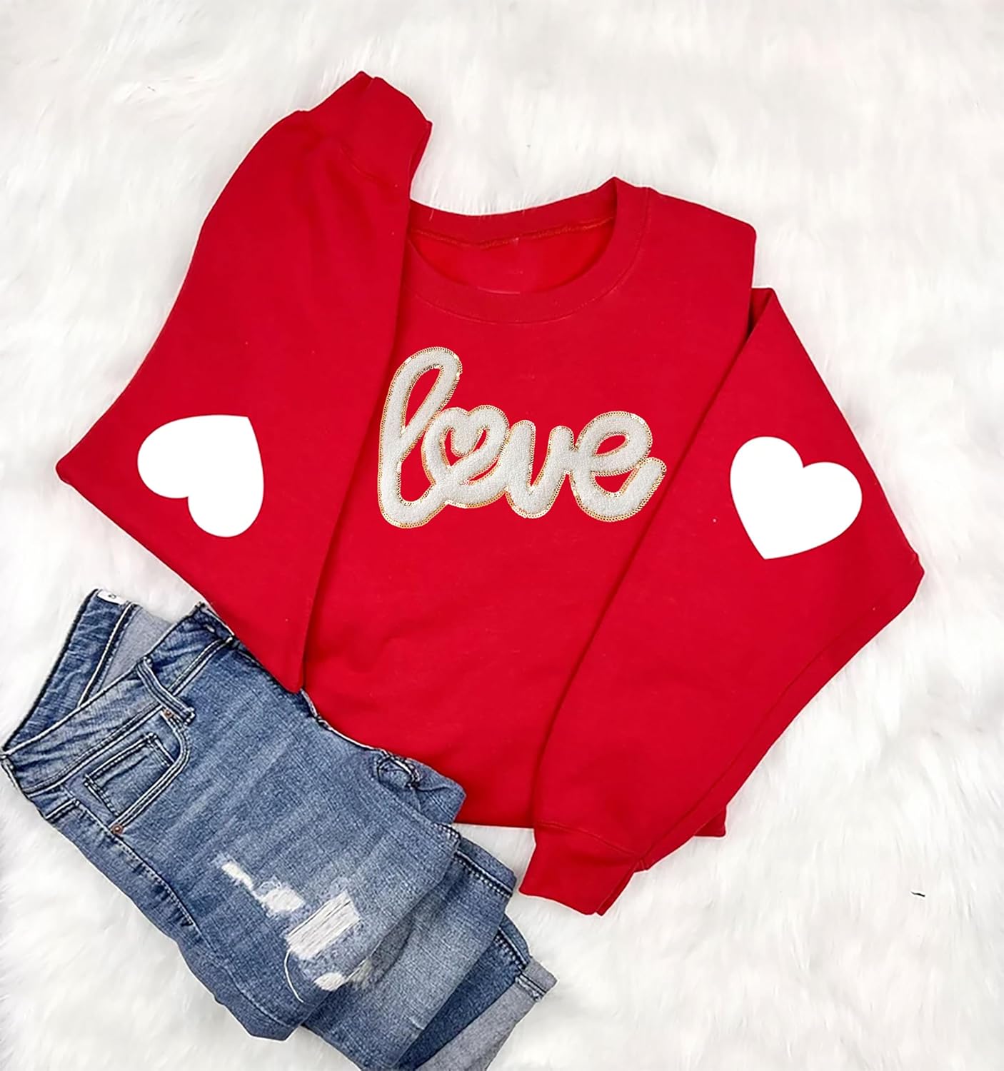 Valentine's Sweatshirt Women Love Heart Graphic Pullover Top Chenille Patch Valentines Gifts Shirt - Image 6
