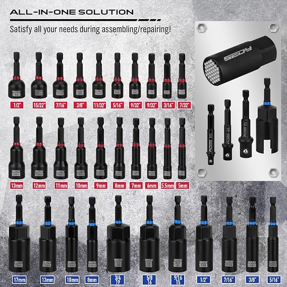 80-Piece Premium Magnetic Impact Nut Driver Set Metric & SAE with Socket Adapters, Bit Holder, Wing Nut Driver, Universal Sockets, Quick Release Extension, Power Bits