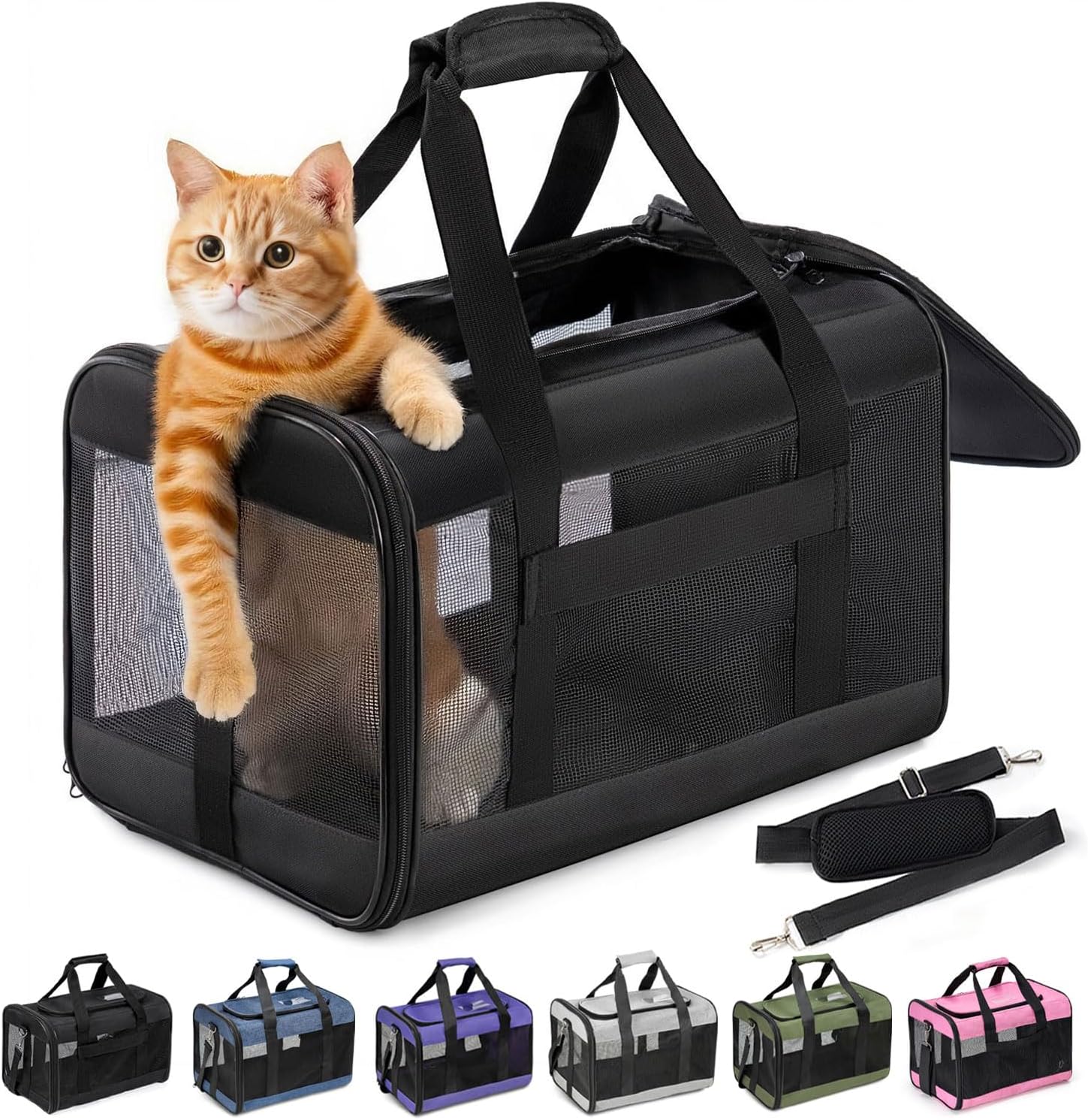 Conlun Cat Carrier Airline Approved, Soft-Sided Dog Carrier with Inner Safety Leash, Pet Transport Carrier for Small-Medium Cats Puppies up to 15 Lbs, Collapsible Travel Kitten Carrier Bag -Black M