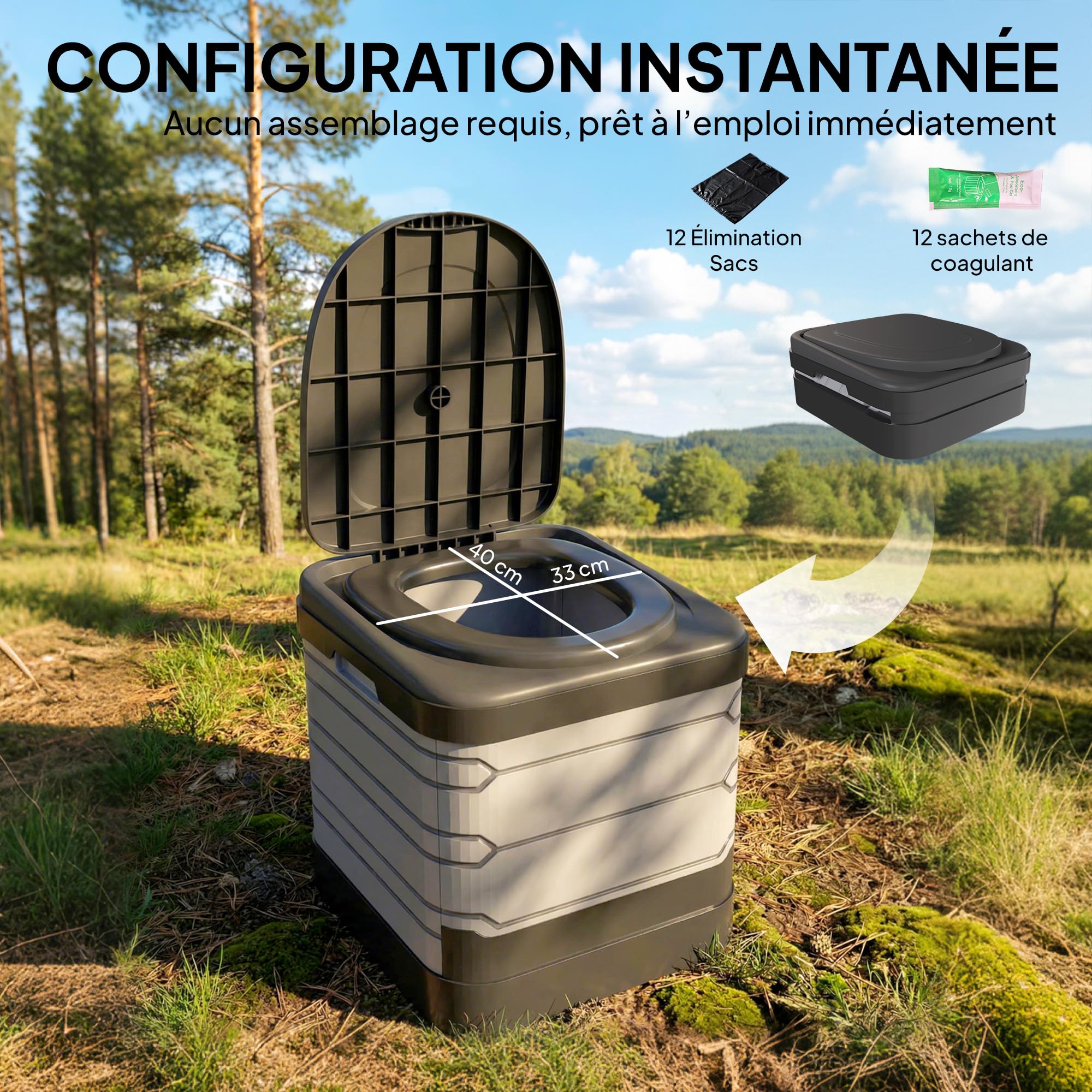 Outsunny Toilette Portable Camping Toilette de Camping pour Hommes et Femmes - Seau Hygiénique pour Voiture avec 12 Sachets Coagulants et 12 Sacs Jetables, Gris
