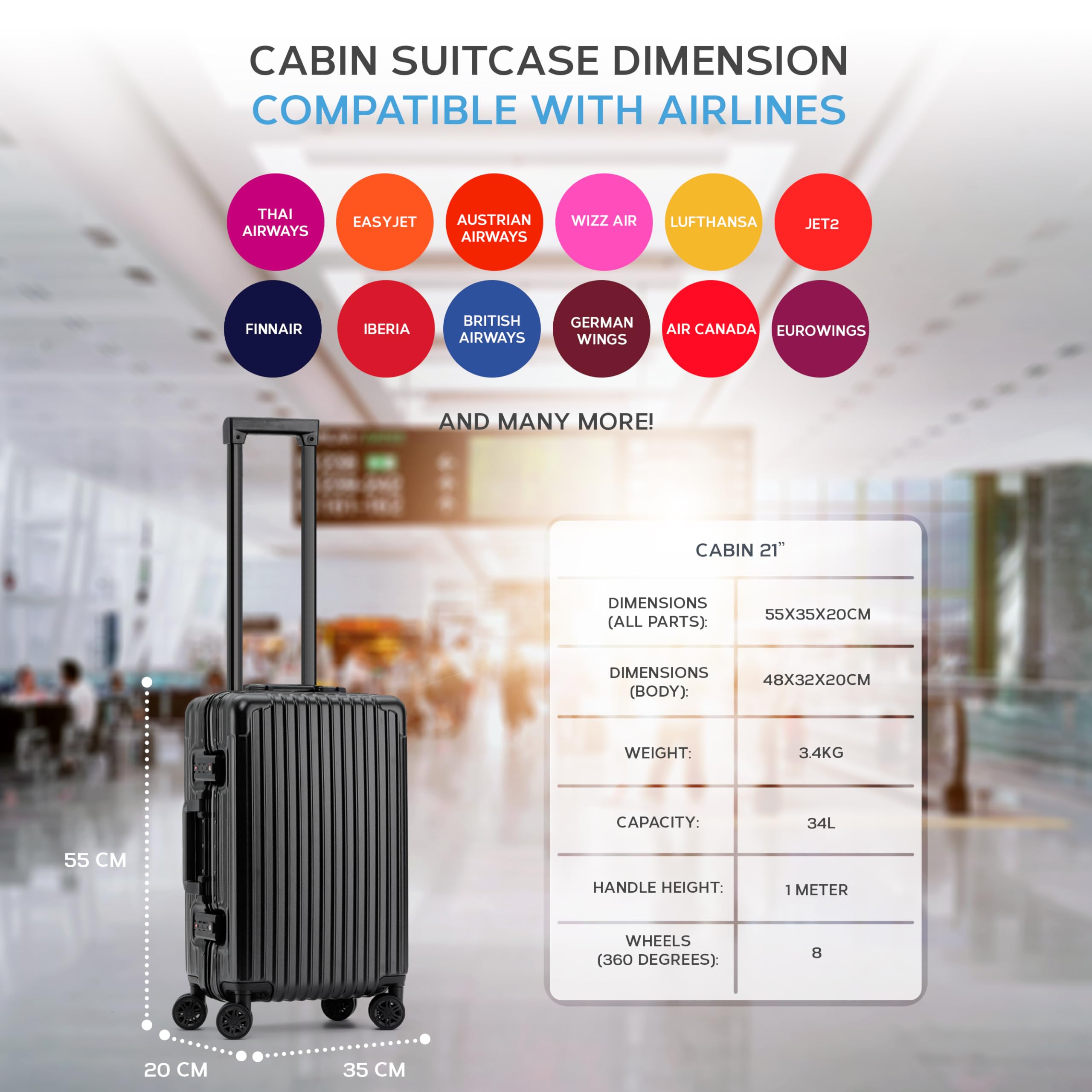 Flight Knight Premium Lightweight Carry On Suitcase - 8 Spinner Wheels - Built-in TSA Lock - Aluminium Frame, ABS Hard Shell Carry on Check in Luggage Highly Durable - Approved for Over 100 Airlines