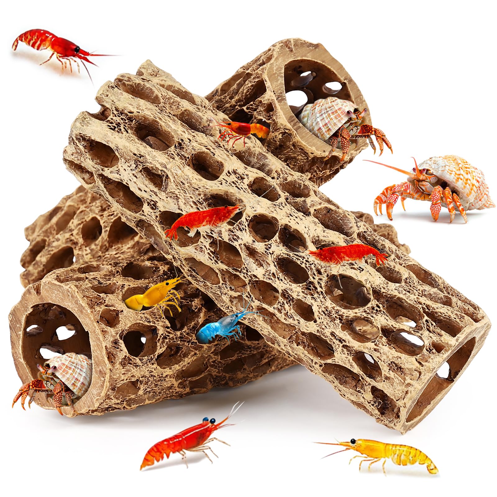 Decorazione per acquario, in resina, 15 cm, realistica, nascondiglio per gamberetti, giocattolo da arrampicata, confezione da 3