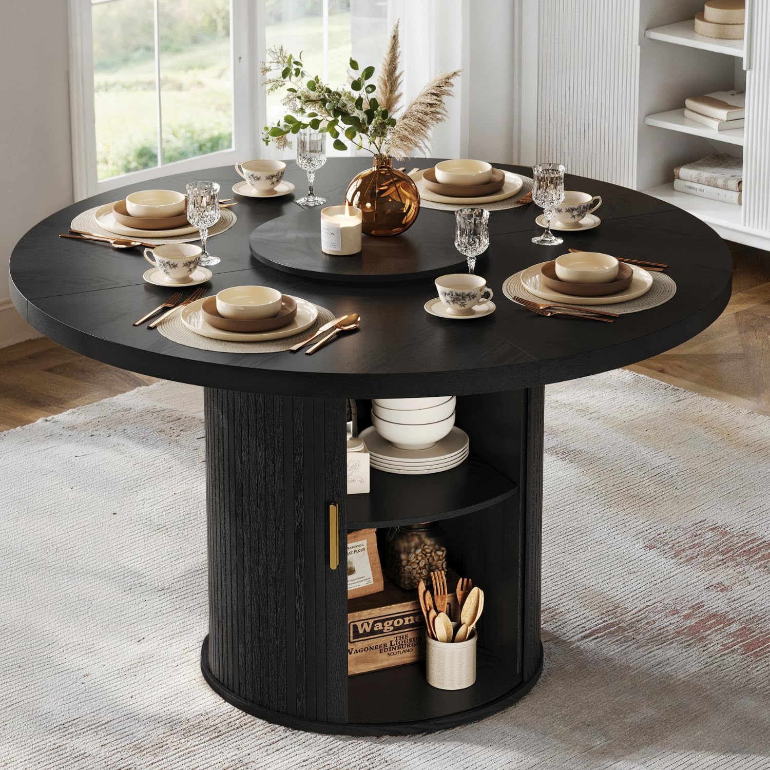 47" Round Dining Table for 6 with Storage (Table Only), Sleek Black Wood Grain, Modern Fluted Ribbed Pedestal, Hidden Cabinet & Lazy Susan, Minimalist Design