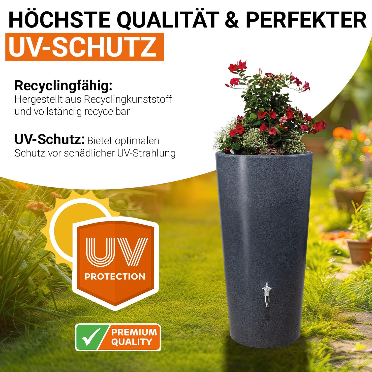 GARANTIA Stone 2in1 Regentonne 210 Liter Lava inkl. Pflanzschale | Wassertank, Regenfass, Regenwassertonne, Wasserbehälter, Fass, Regenwassertank, Wasserfass, Wassertonnen für Garten