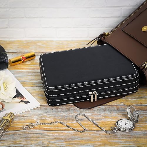 Miniatura 3 de SONGMICS UJWB50B caja organizadora con 8 compartimientos para relojes con cierre zipper, color negro, caja de viaje portable