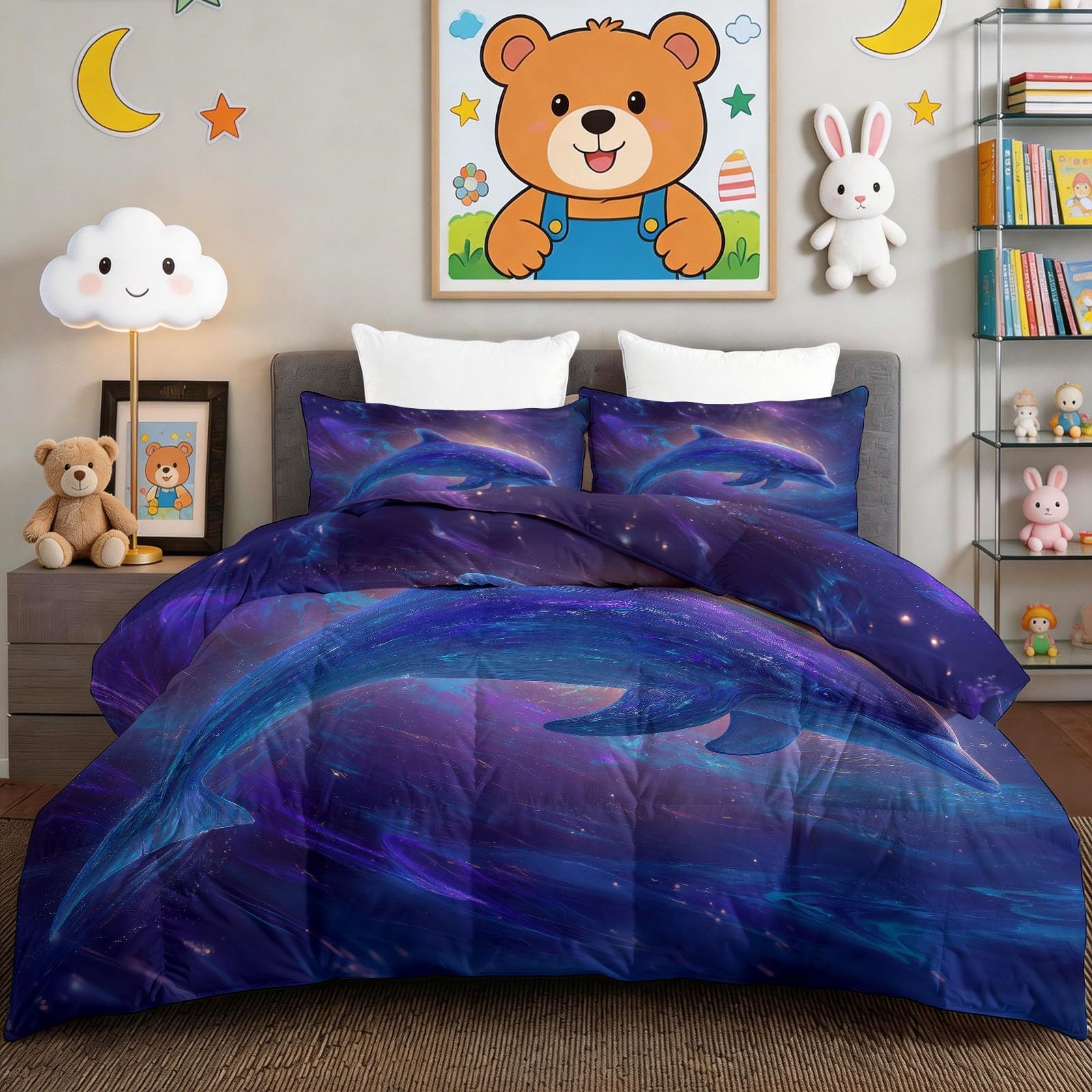 Générique Viola 200 x 200 cm Piumino 4 stagioni Animale Fantasia Delfino Cielo Stellato Trapunta Estate per Letto 2 Persone, Rami Grigii Edredon Legere, Reversibile Lavabile Piumone Senza Houss