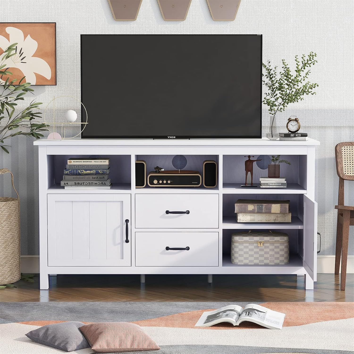 Bellemave Wood TV Stand with Storage Cabinets and Drawers White Entertainment Center Console Table for TV's up to 68 Inch Buffet Sideboard Living Room, Dining Room Console