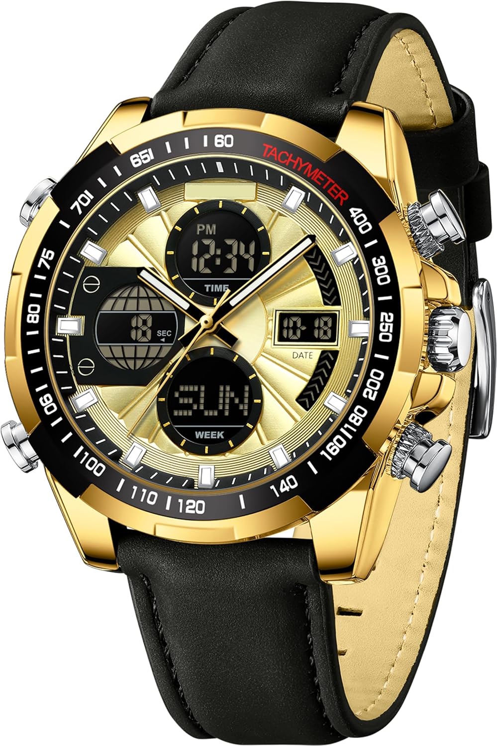 findtime Mens Watch Digital Military Watches Leather Strap Alloy Case Waterproof Analog Watch Luxury Dress Sport Designer Wrist Watches Dual Time Luminous Alarm Relojes para Hombres