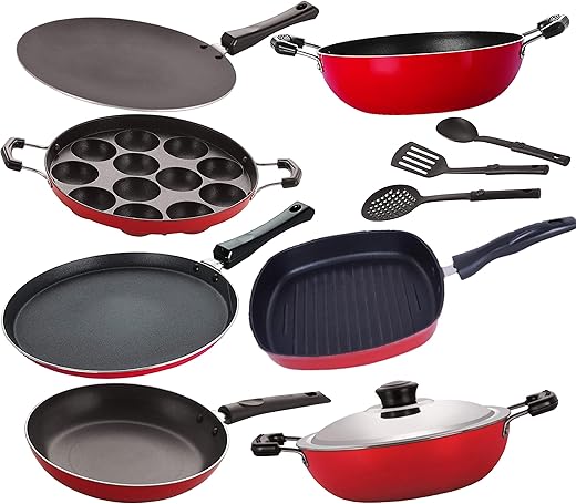 Nirlon Non-Stick Coated Kitchenware Combo Set Offer with Stainless Steel Lid, Bakelite Handle -10 Pcs [FT12_CT12_KD14_DKD(B)_AP_TP_GP22_3SPN]
