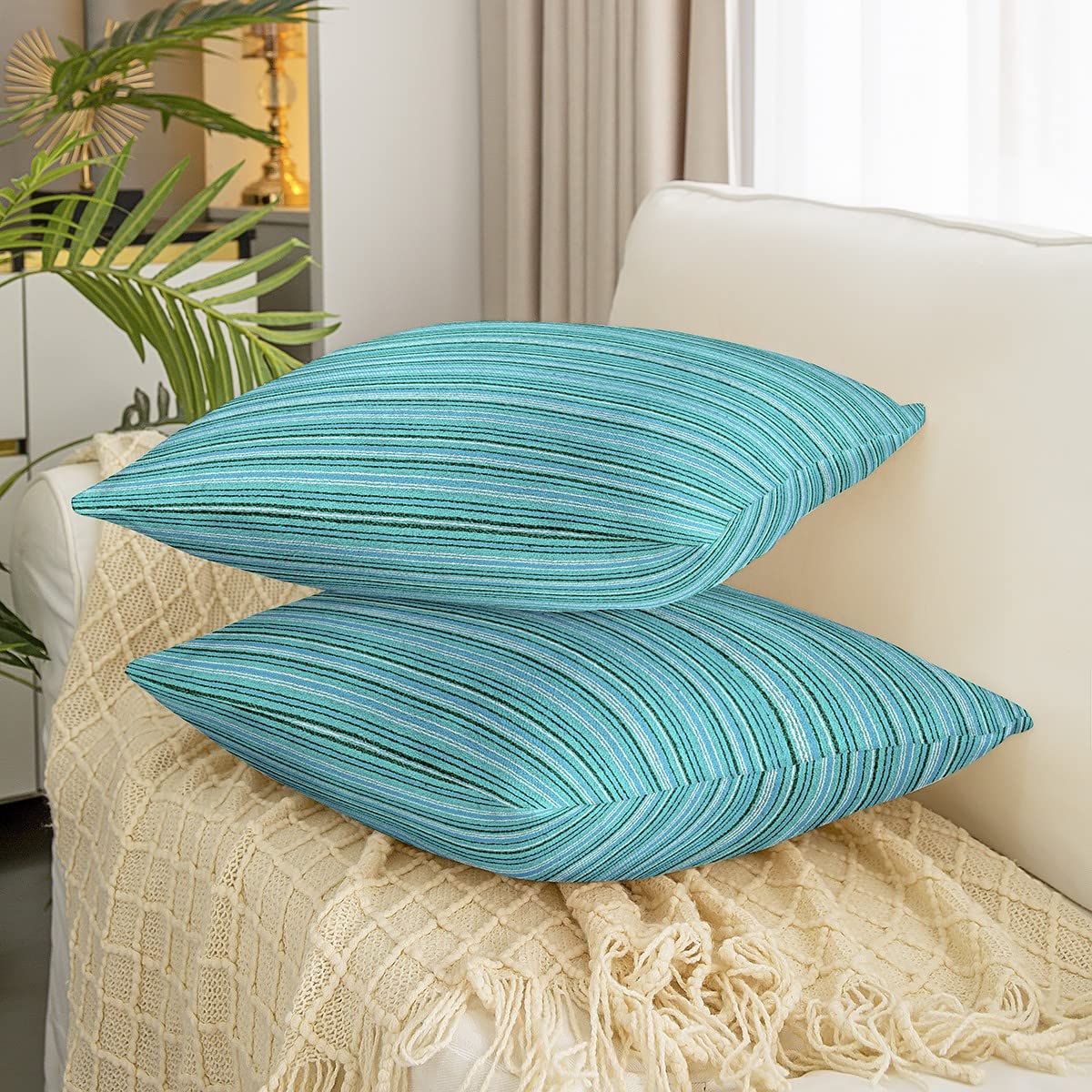 Loussiesd Kids Blue Teal Stripes Reversible Throw Pillow Covers Stripe Line Square Cushion Covers Set of 2 for Decor Modern Striped Art Pillow Covers Home Decor Women Men Geometric 20x20 Inch - Image 3