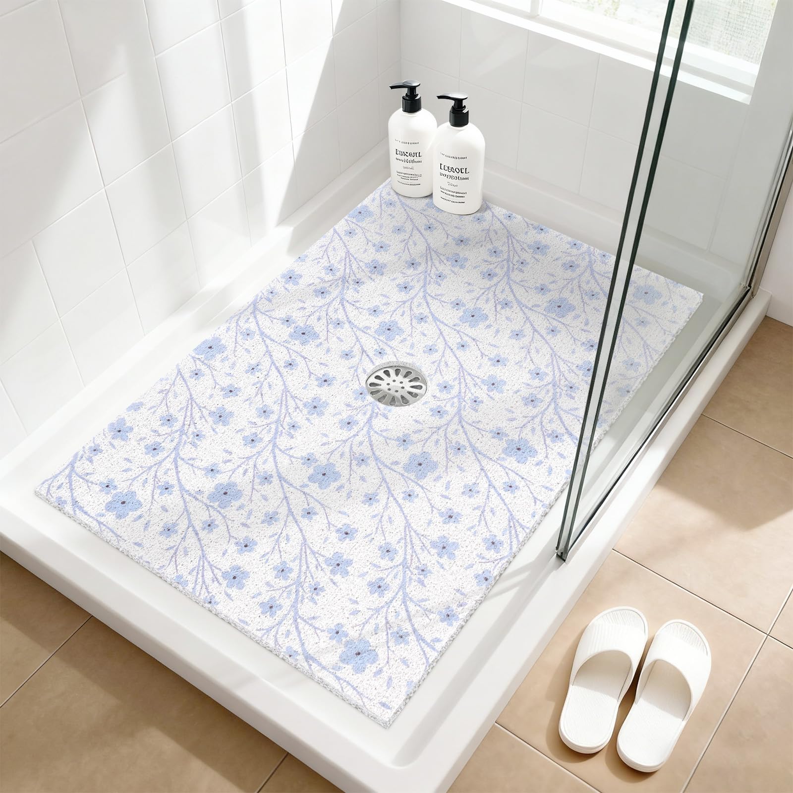 Shower Mat Non Slip: 24x36 Inch Large Shower mats for Inside Shower with Drain Hole in Middle, Super Soft PVC Loofah Massage Shower Floor Mat, Anti Slip Shower Stall Mat, Quick Drying