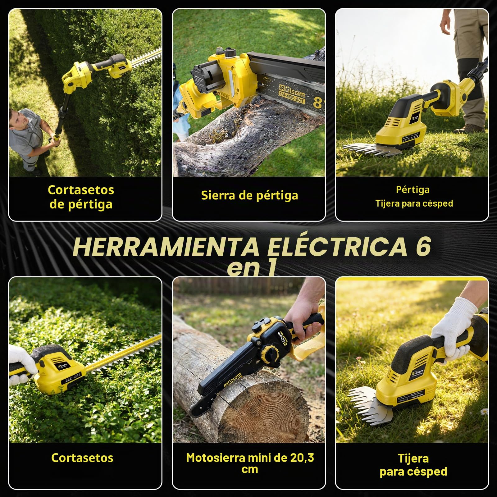 6-en-1 Mini Motosierra y Cortasetos a Batería, Motosierra Eléctrica 8 inch, 2×4.0Ah Baterías, Motor Sin Escobillas 2500W 45000RPM, Ajustable 0-180°, for Makita 18V, 4,5m para Cortar Setos y