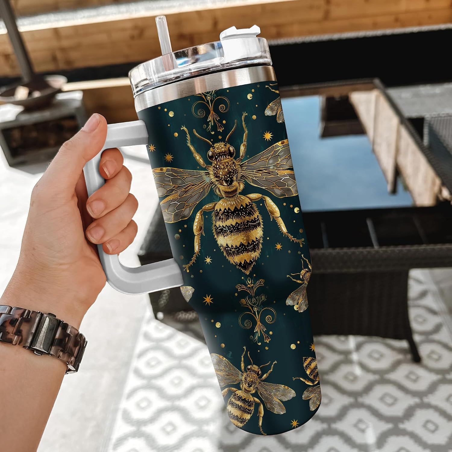 Hyturtle Personalized Bee Tumbler - Bee Gifts For Women - Honey Gifts For Keepers Lovers - Honeybee Present For Teacher Girl On Birthday - Custom Name Travel Coffee Cup 40 Oz With Lid And Straw
