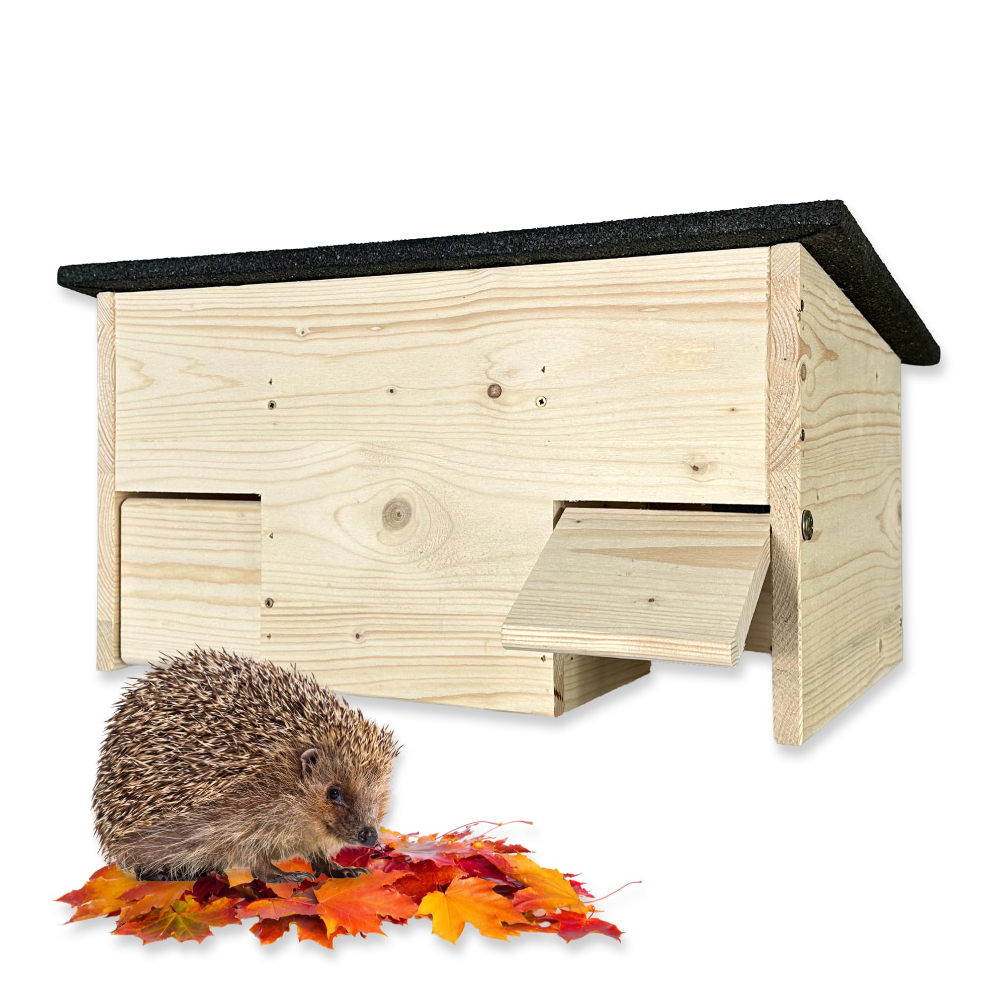 GARTENETAGE Igel-Futterhaus wetterfest mit Rattenklappen – Futterstation für Igel aus Holz mit Schutz vor Katzen, Ratten & Regen – Igelhaus für Garten, naturnah & robust