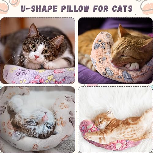 Vista 16 de Sweetude 4 almohadas para gatos, cama de cachorro, suave y esponjoso, juguete calmante para mascotas, medio dona, en forma de U, almohada