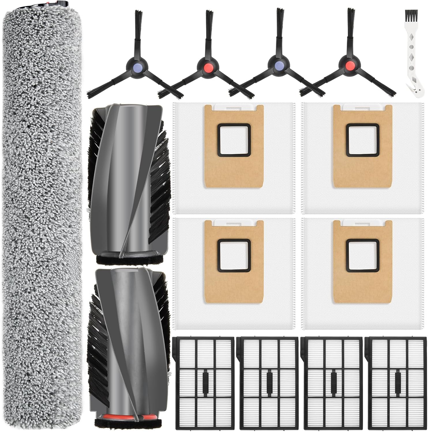 16 Pack Replacement Parts Kit for Eufy E28 Omni / E25 Omni Robot Vacuum Accessories Kit with 2 Main Brush,4 Side Brush,4 Filter,1 Rolling Brush,4 Dust Bag,1 Cleaning Brush