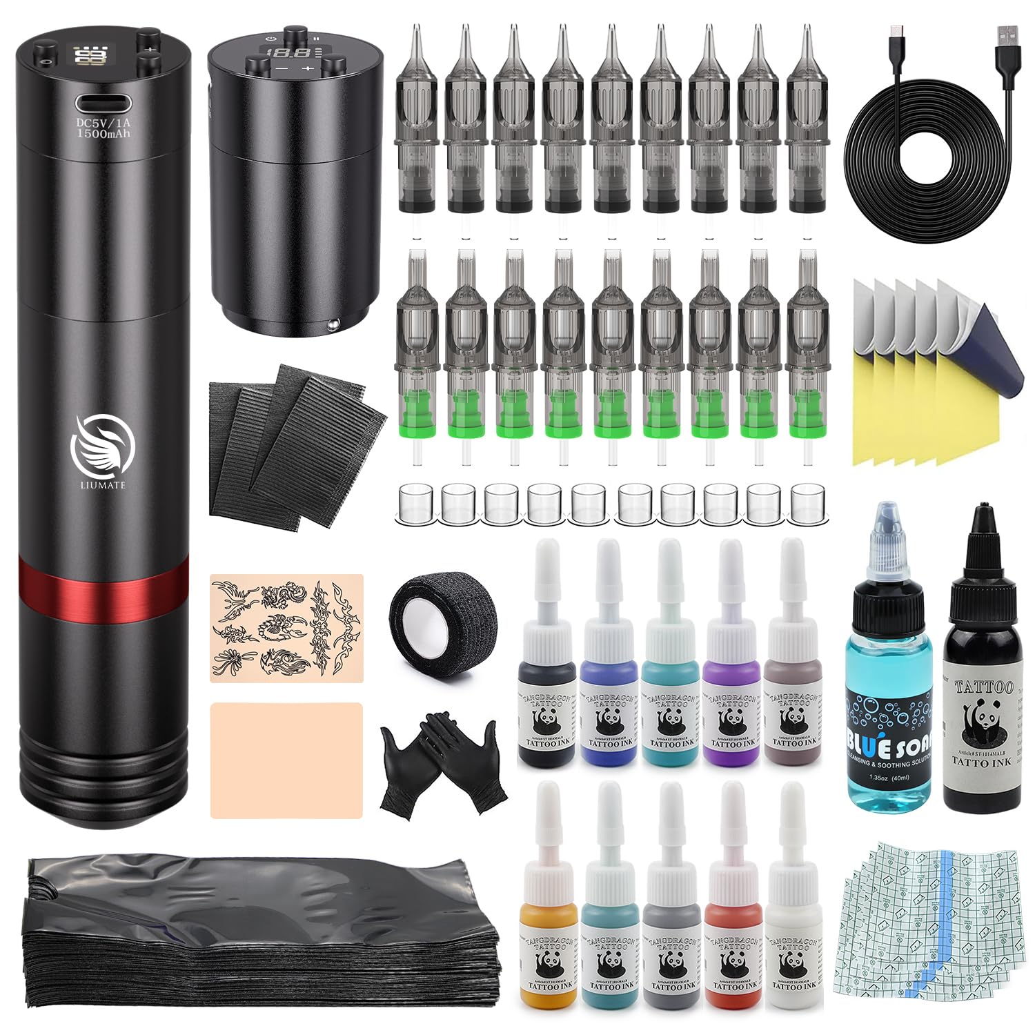 Kit Máquina de Rotativa Inalámbrica con 2 pcs Batería de 1500mAh 20 agujas 11 Botellas de Tinta, Wireless Rotativo Máquina de Bolígrafo para principiantes y artistas LIUMATE