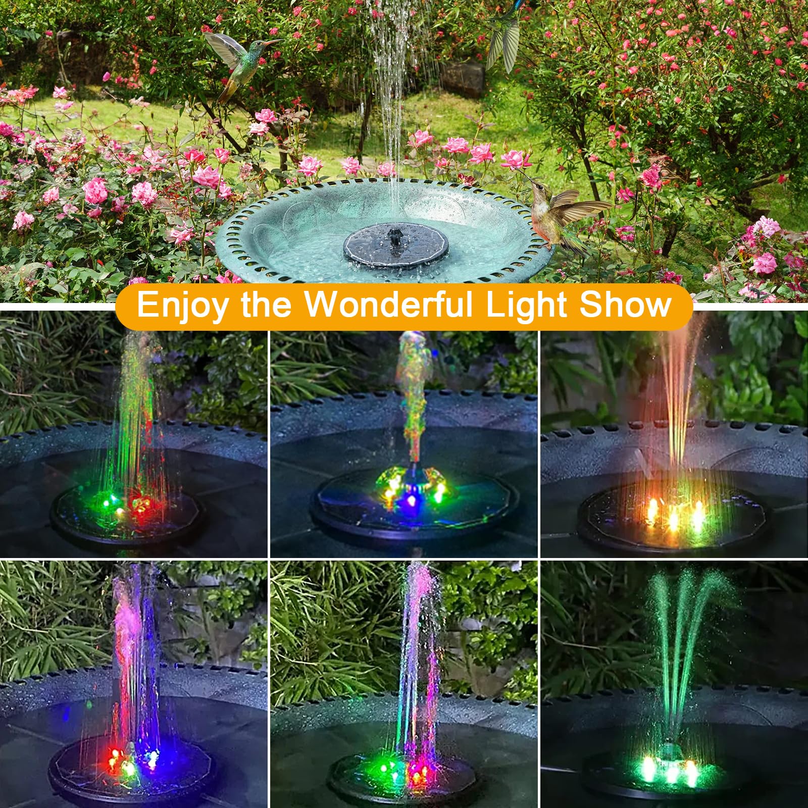 Fuente Solars con Luces de Colores Upgrade Bomba de Agua Solars con Batería, Fuente Flotante-Solar con 6 Boquillas para Baño para Pájaros, Piscina, Circulación de Agua (3W 16cm Solar Fountain)