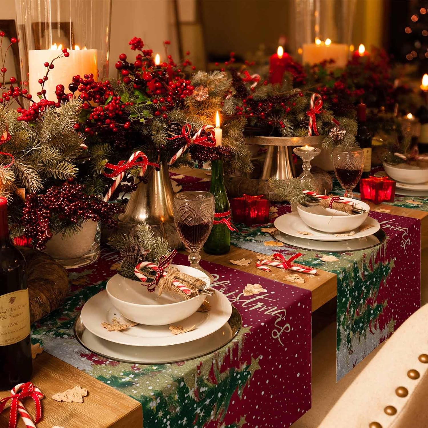 Merry Christmas Table Runner Winter Falling Snow Kitchen Dining Table Holiday Decoration Xmas Tree Dark Red Table Cover for Indoor Outdoor Home Party Decor 13 x 108 Inch