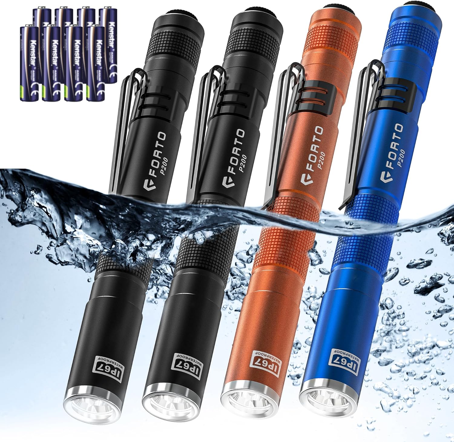 FORTO LED Pen Light, 200 Lumens Pocket Flashlight, IP67 Waterproof, 2 Modes, 2 Pack with AAA Batteries, Lightweight & Durable for Inspection, Medical Use, Emergency(4-Pack Mix)