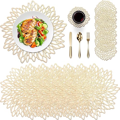 CHENGU Juego de 12 manteles individuales redondos de vinilo prensado metálico, incluye manteles individuales y posavasos, antideslizantes,