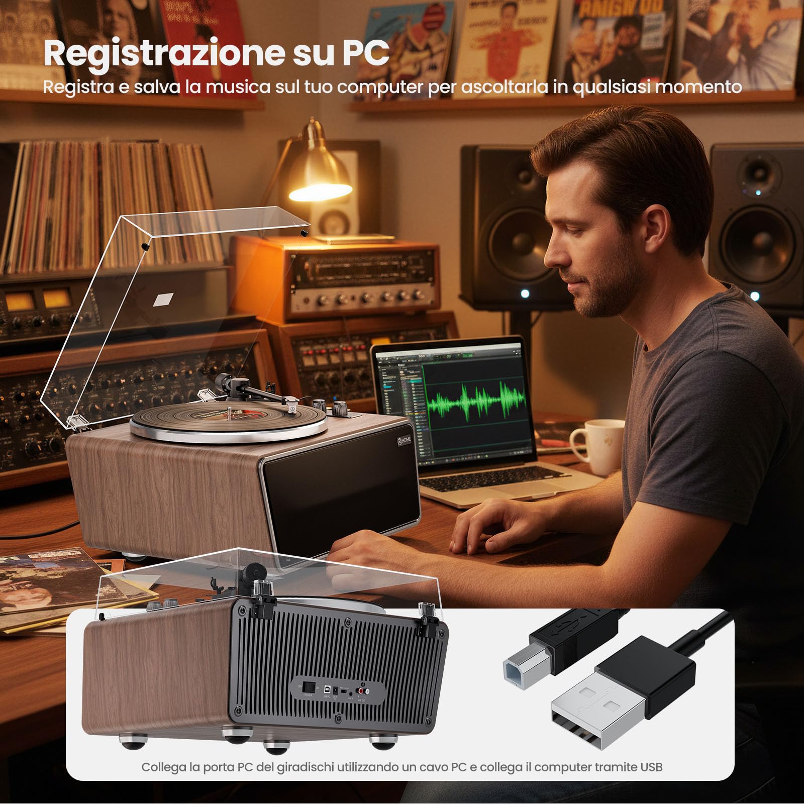 All in One Giradischi Vinili Vintage con 4 Altoparlanti Stereo Integrati,Preamplificatore Phono,Altoparlanti Bluetooth,Supporto Uscita USB to PC Digitale,Magnetica AT-3600L,33/45 Giri,AUX IN,RCA OUT