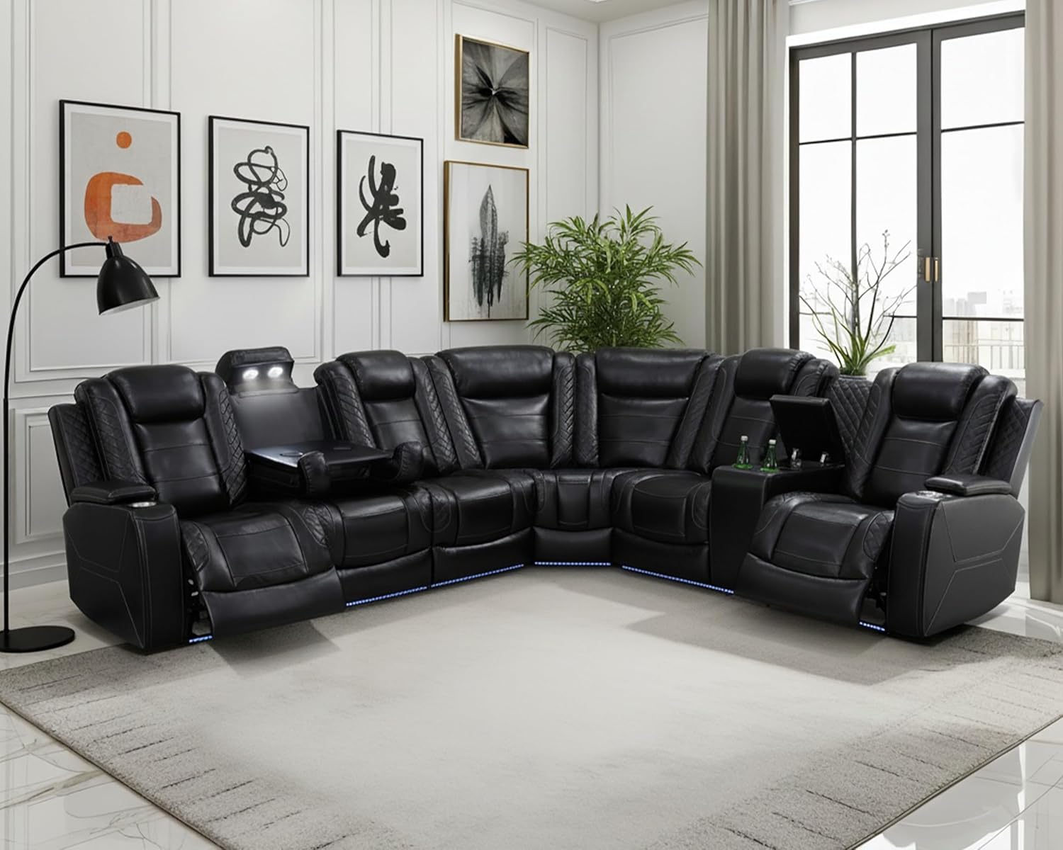 Breathing Leather Reclining Sectional Sofa with LED,Power
