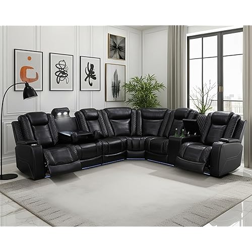 Breathing Leather Reclining Sectional Sofa with LED,Power Recliner Sectional Couch with Armrest Storage&Cup Holders, L Shaped Recliner Corner Couch for Living Room (Black Upgraded)