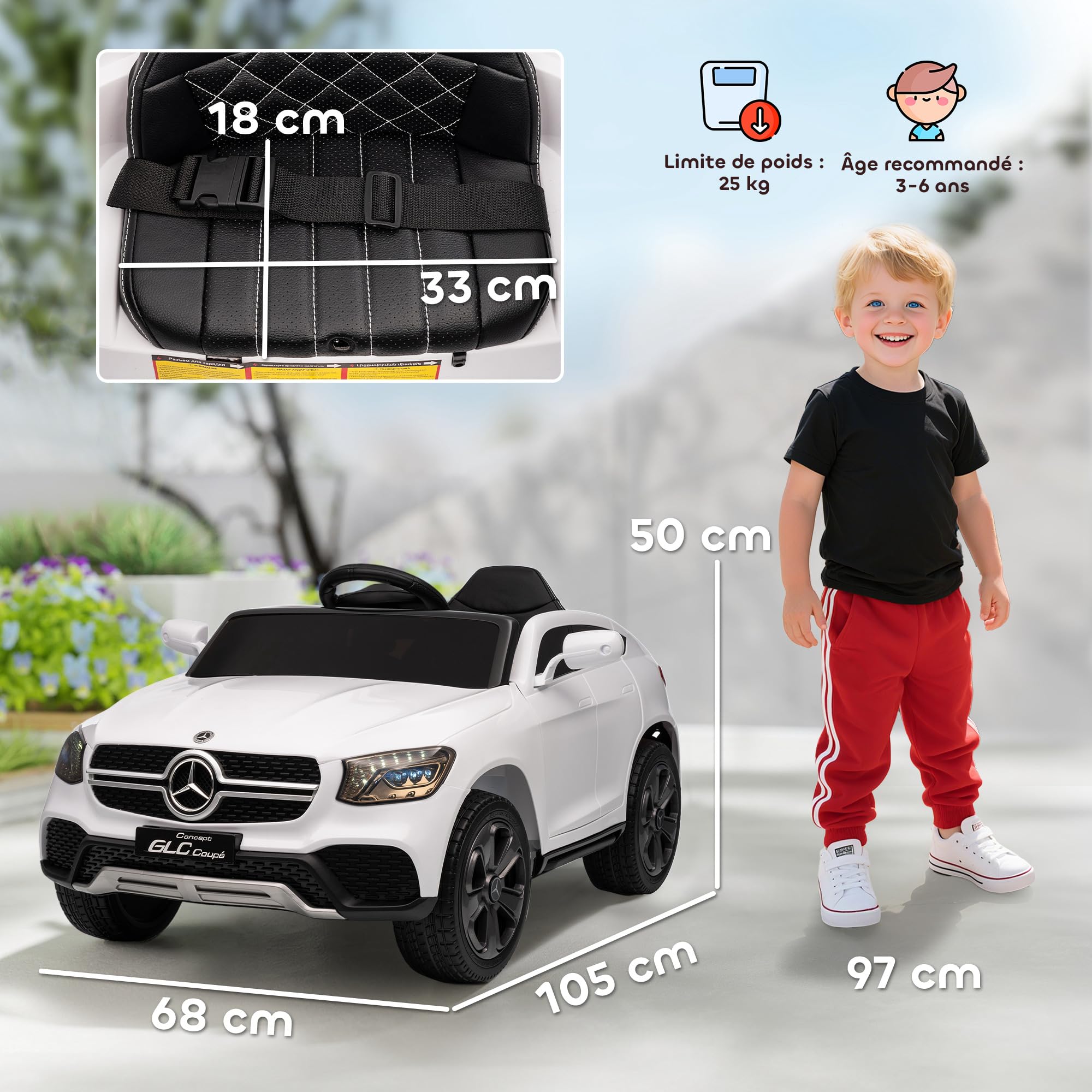 AIYAPLAY Voiture Électrique Enfants Mercedes-Benz GLC Coupe 12V Blanc | Véhicule Électrique, Télécommande 2,4G, 3 Vitesses, Phares, Musique, MP3, Klaxon, Démarrage Lent, 3 à 6 Ans