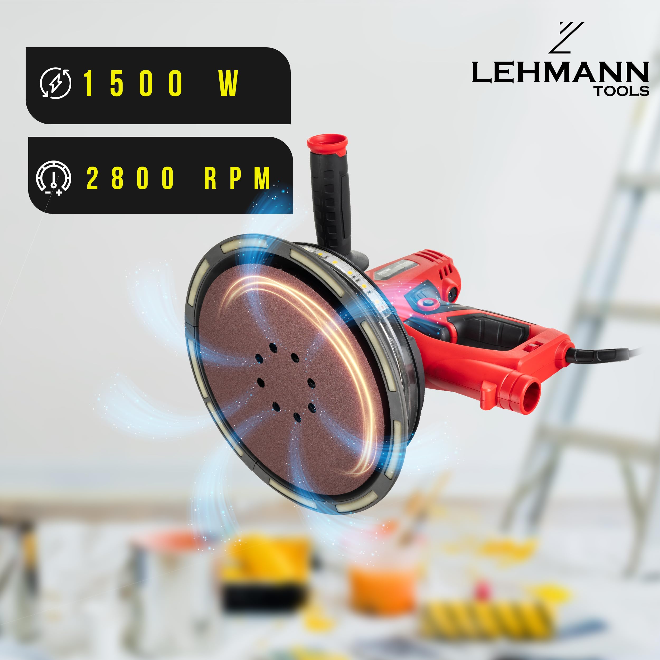 LEHMANN Lijadora Pared y Techo, 1500 W, Anchura 225 mm, 6 Velocidades Variables, 2800 rpm, Luz LED 360°, Lijadora de Pared con Sistema de Recogida de Polvo - Bolsa y Manguera de Succión