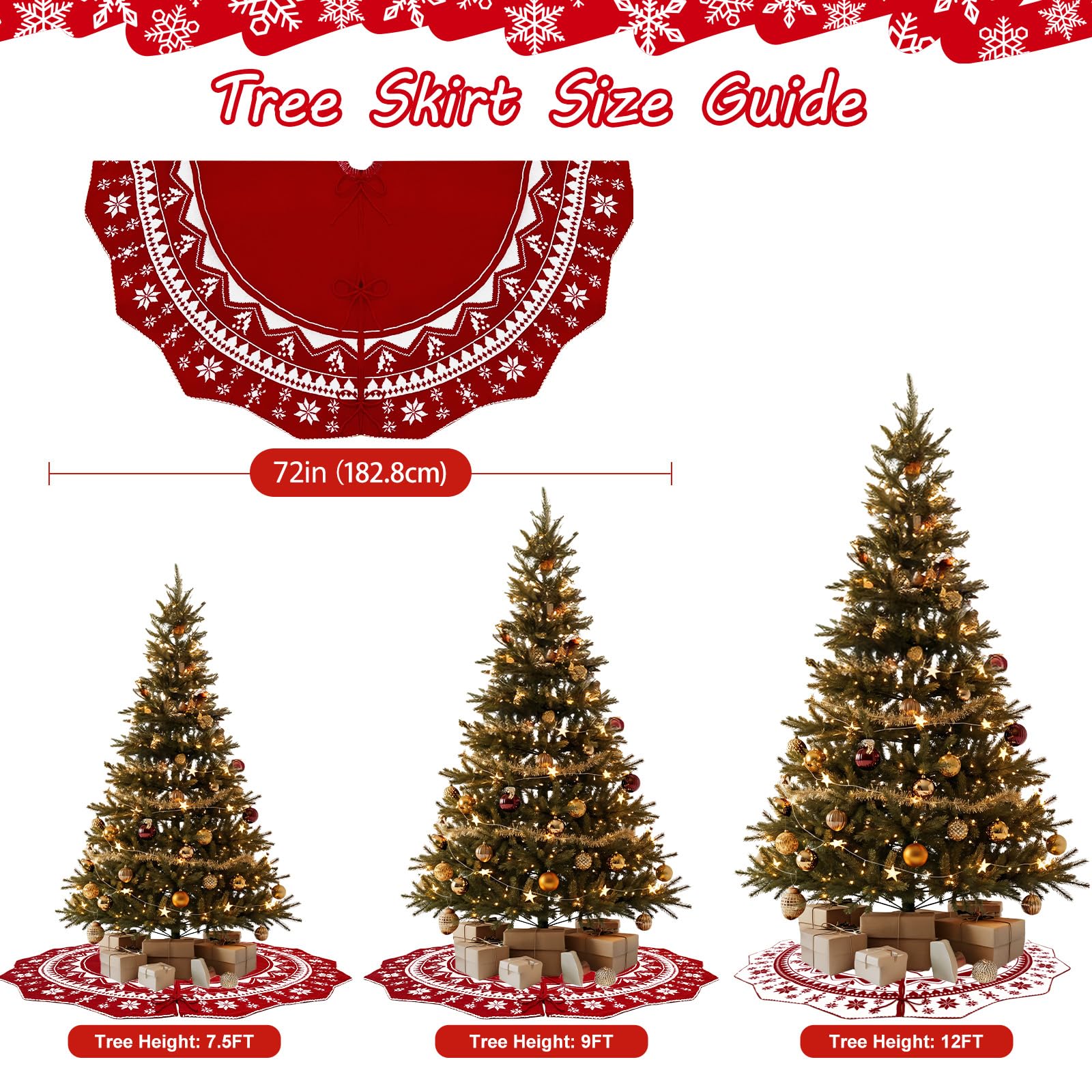 Jupe de sapin de Noël en tricot double face avec motifs flocons de neige - Grande jupe de sapin de Noël rustique pour décorations de sapin de Noël - 183 cm