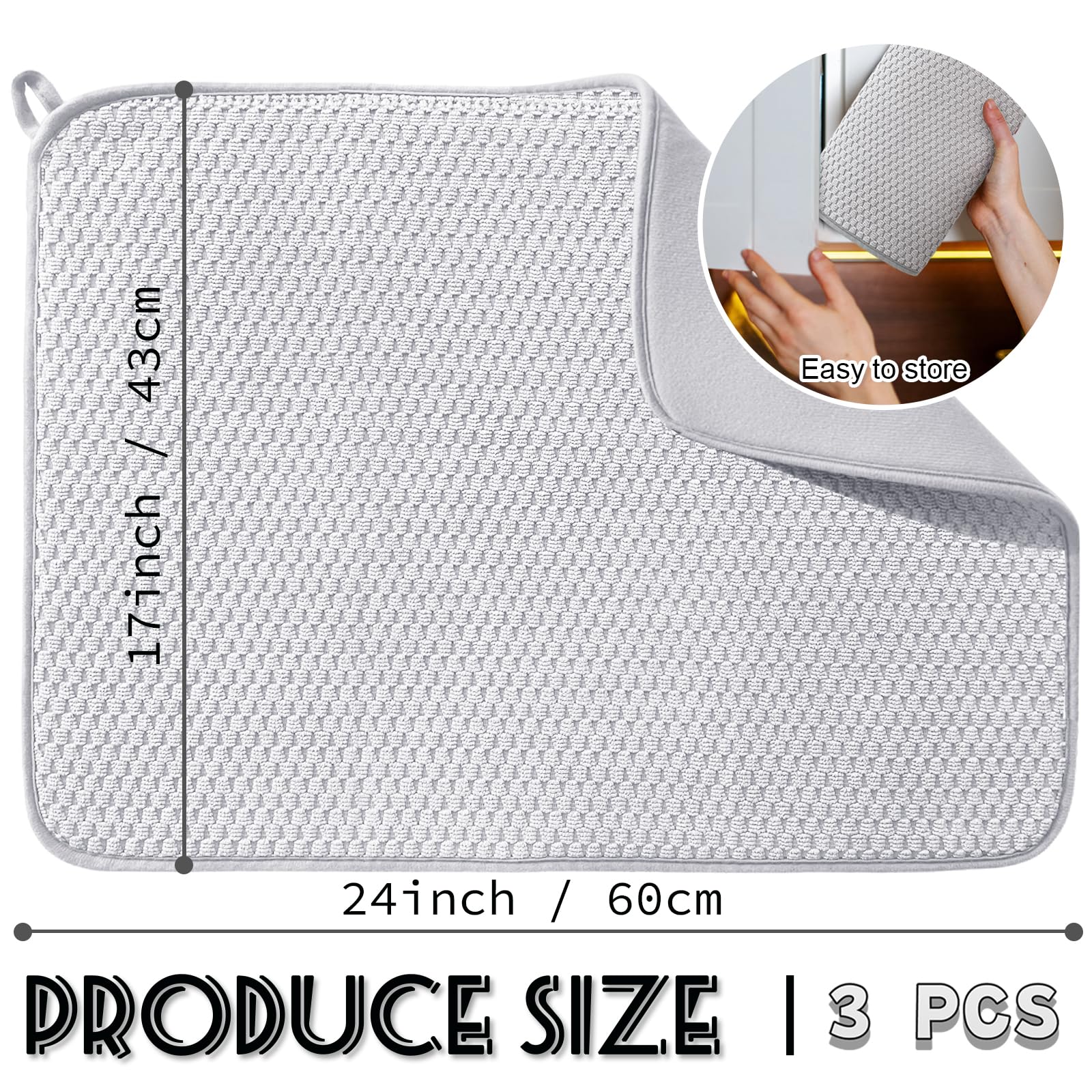 Meirrnyyu XXL Abtropfmatte, saugfähige Mikrofaser-Abtropfmatte, große Größe 61 x 43 cm, Pads für Küchentheke, Kaffee, Regal, unter der Spüle, Hellgrau, 3 Stück