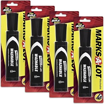 Marks A Lot Jumbo Black Washable Marker, Chisel Tip, 1 per Pack, 4 Packs, 4 Markers Total 24158