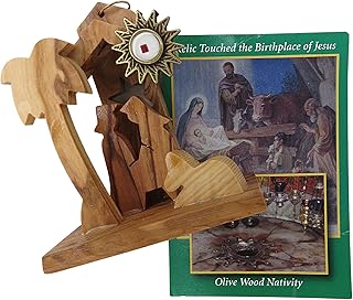Needzo Manger Scene Olive Wood Manger Scene Ornament, Christmas Nativity Ornaments with Relic That Touched The Birthplace of Jesus, Catholic Religious Hanging Decorations (3 Inches, Brown)