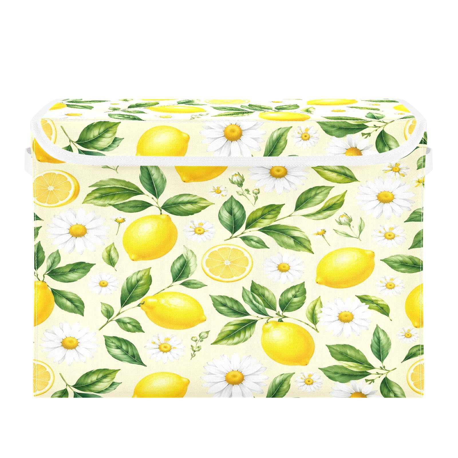 Ewusp Lemon Fabric Storage Bin with Lid, Decorative Foldable Storage Basket with Handles, Stackable Closet Shelf Organiser Box for Clothes, Books, Bedroom, Living Room