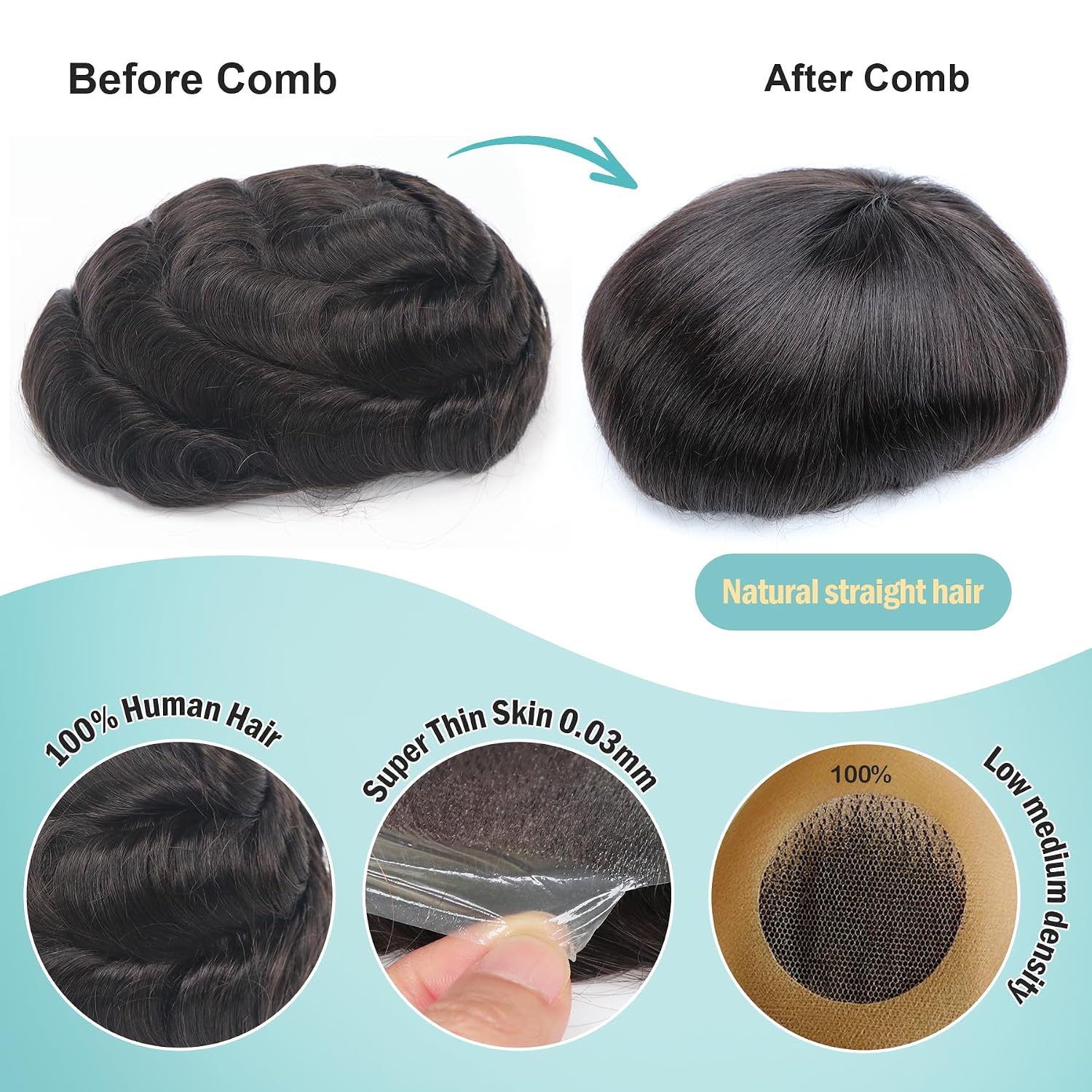 0.03mm Toupee Ultra Thin Skin PU Mens Hairpiece Silky Soft European Human Hair Replacement System 2# Dark Brown Toupee Undetectable Mens Hair Prosthesis Unit Invisible V-loop Hairline 8x10
