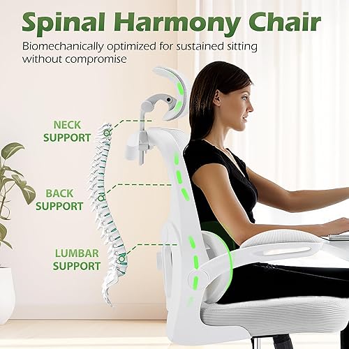 Miniatura 5 de Silla de Oficina Ergonómica con Soporte Lumbar Ajustable y Gancho para Reposacabezas, Silla de Malla Transpirable de Respaldo Alto con Ruedas, Silla