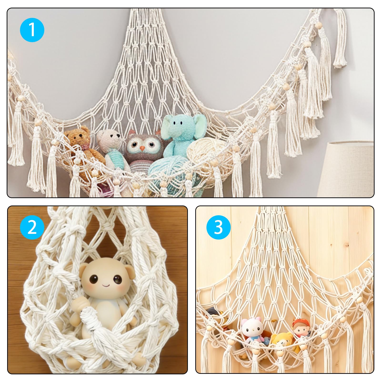 Kuscheltier Aufbewahrung Netz, Boho Makramee Spielzeug kinderzimmer deko, StofftieStofftier Aufbewahrungstasche Hängematte Aufbewahrung Kuscheltiere für Kinderzimmer Schlafzimmer Beige