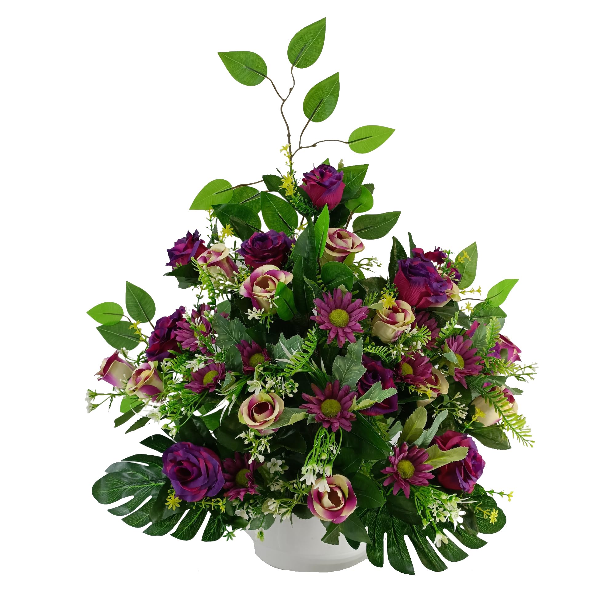 DRW Centro de Flores Artificiales para Cementerio Iglesias Bodas Centro de Flores para los Santos Morado con Rosas, capullos y Margaritas malvas 70x40 cm