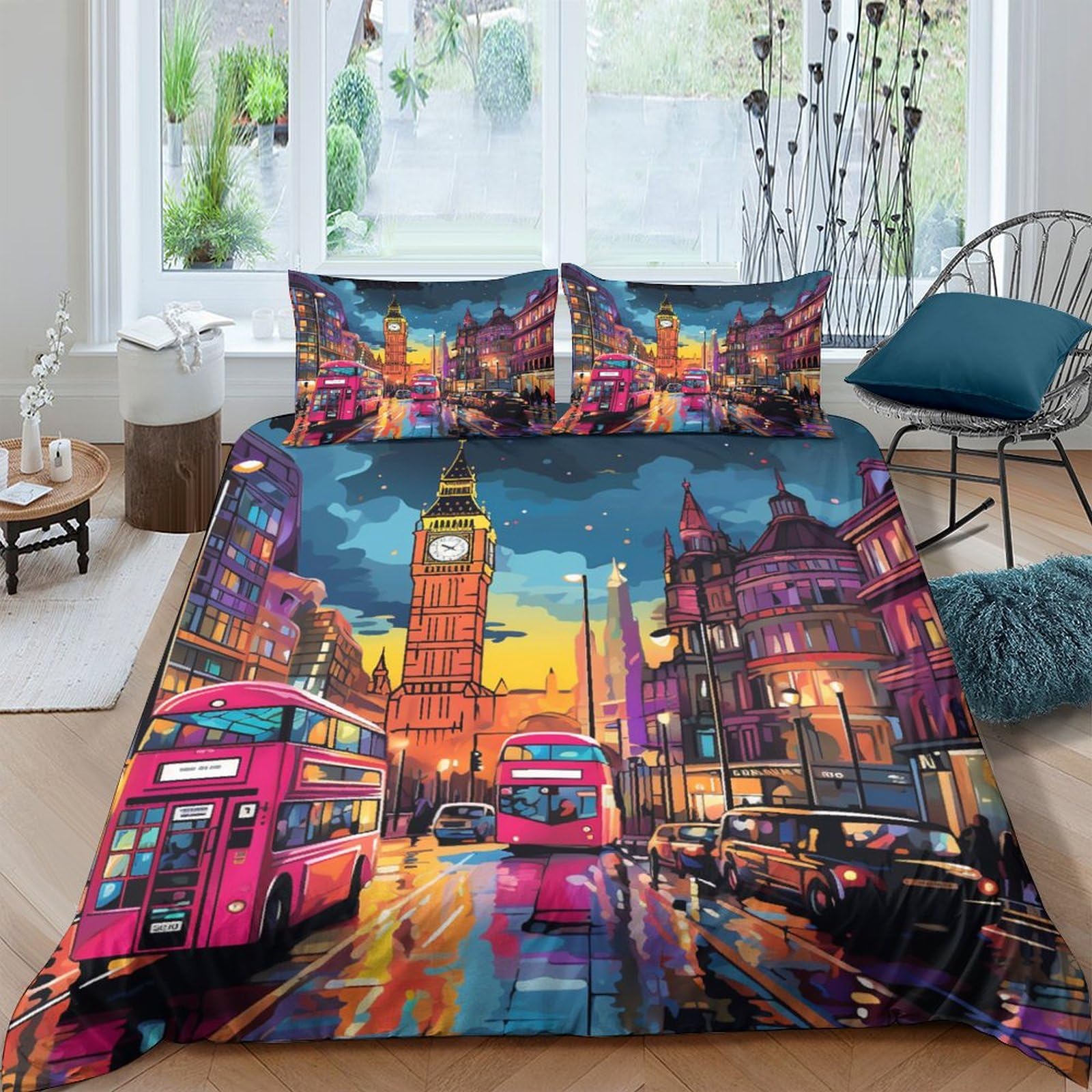 IVYARD London Cityscape 3D Printed Duvet Cover Set 3 Pieces Bedding Soft Microfiber with Zipper Closure，Pillowcases for Teens And Adults Double（200x200cm）