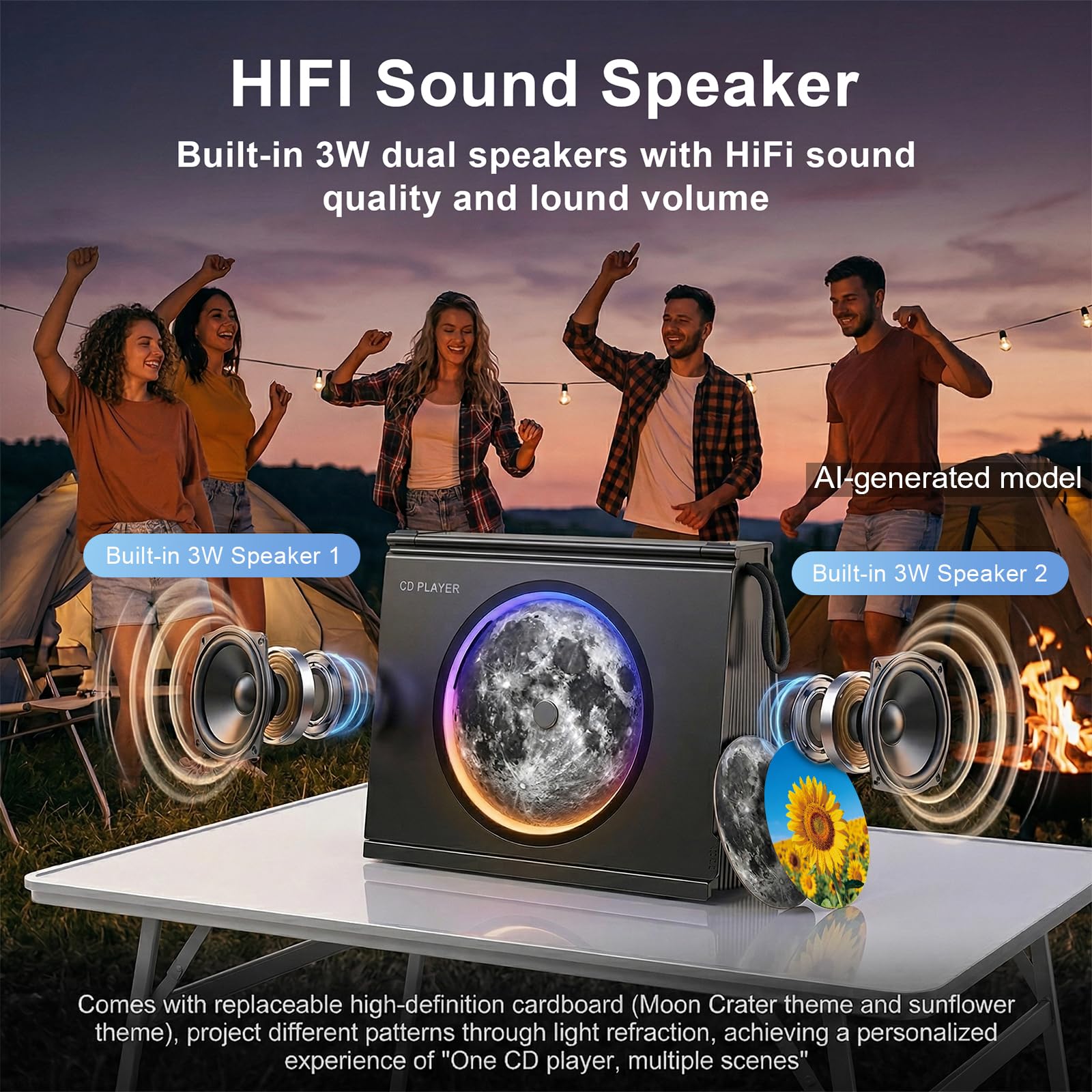 Gueray Lecteur CD Portable avec Lumière, Bluetooth 5.3 Enceinte HiFi Batterie 4000mAh Rechargeable Design Bibliothèque Indicateur de Niveau de Batterie Cadeau Original Homme Femme pour Décoration