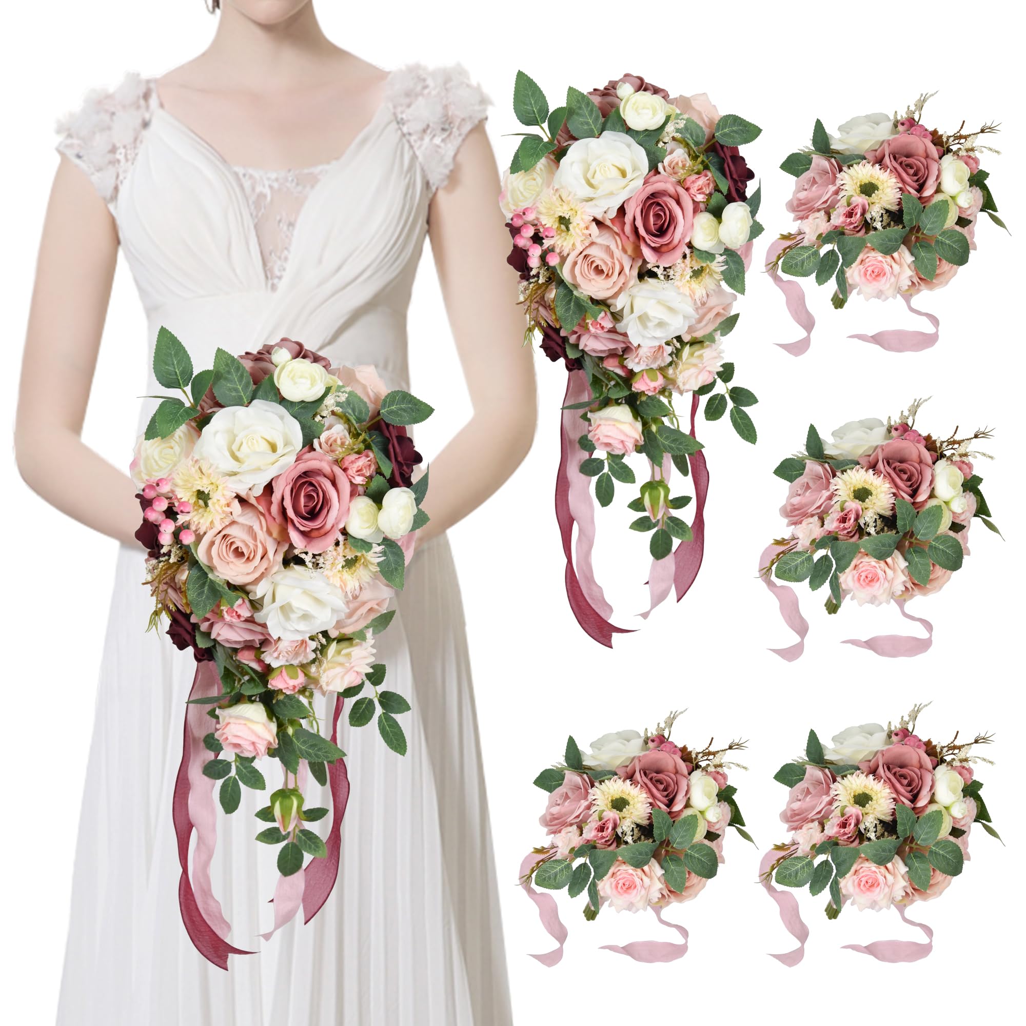 WEDFLOR Wedding Bouquets for Bride & 4 Bridesmaids (Pack of 5) - 1pcs 20in Bride Bouquet & 4pcs 8in Bridesmaid Bouquets Artificial Flower Fake Roses for Wedding Ceremony, Bridal Shower, Anniversary