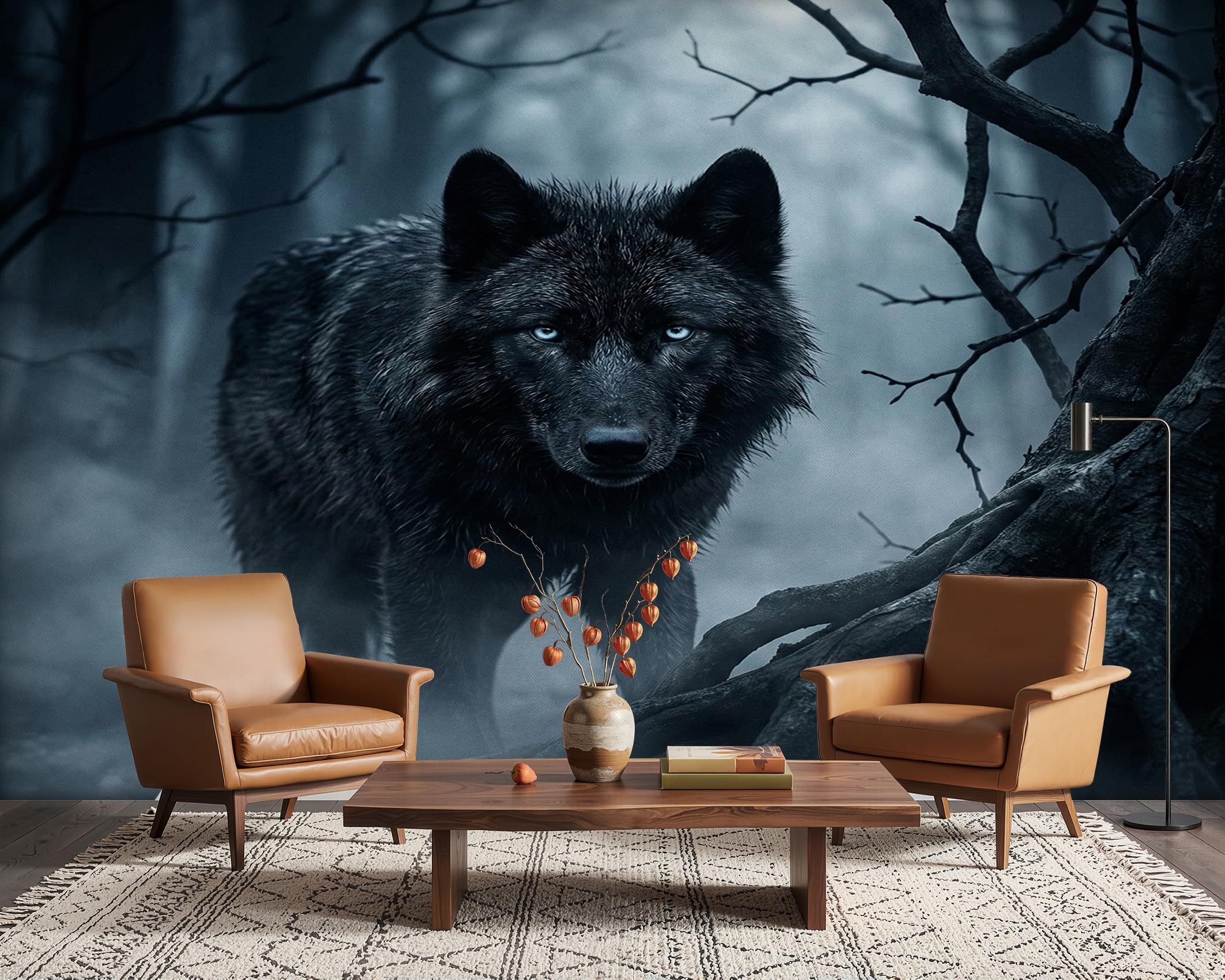 PaxGloz Black Wolf Wall Mural, Misty Forest Wallpaper for Living Room & Bedroom, Non-Woven Decorative Wall Art 350x256 cm