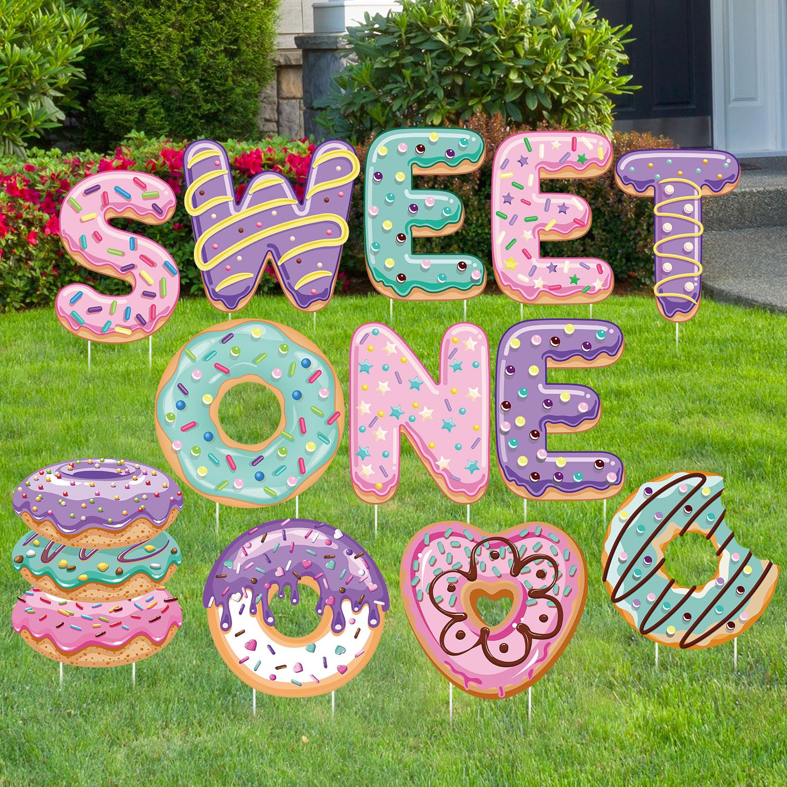 Liliful 12 Pcs Sweet One Birthday Party Supplies Yard Signs with Stakes Donut Theme Outdoor Birthday Decorations Sweet One Lawn Garden Sign for Donut