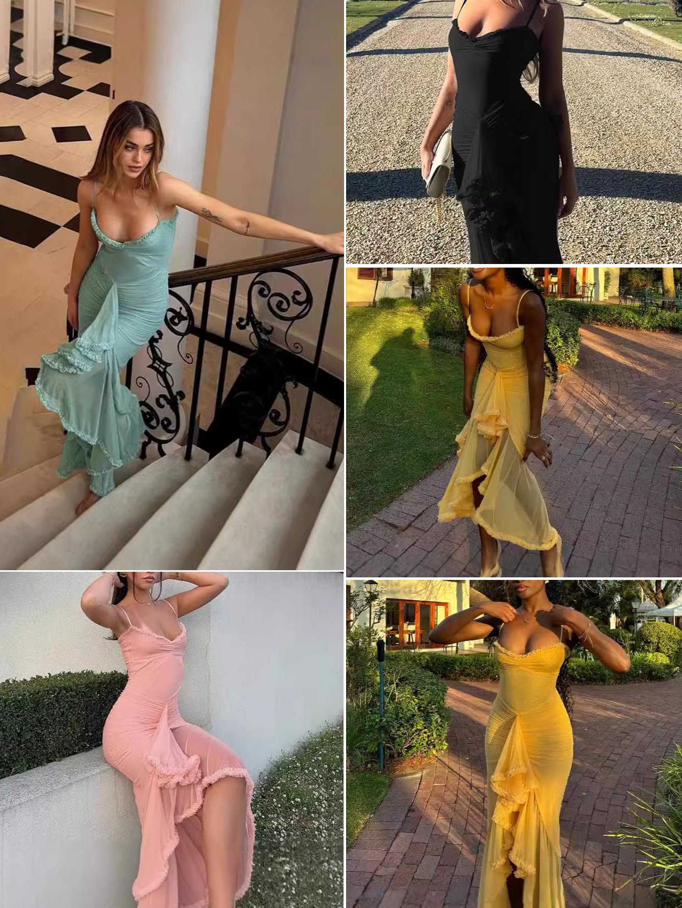 Elegante vestido de malla para invitados de boda, vestido largo formal con volantes y cola de pez