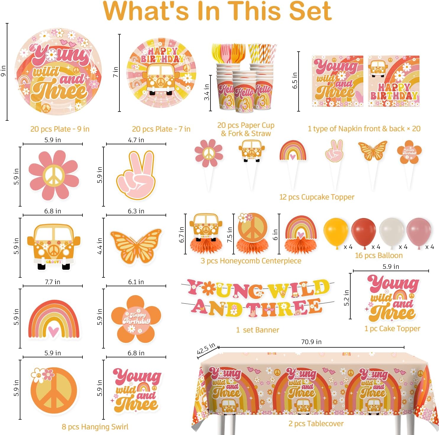 213pcs Young Wild and Three Party Decorations Tableware Set, 25pcs Wild and Three Party Decorations Plate Napkins Tablecloth for 3 Year Old Birthday Decorations Girl, 25 Guests - Image 2