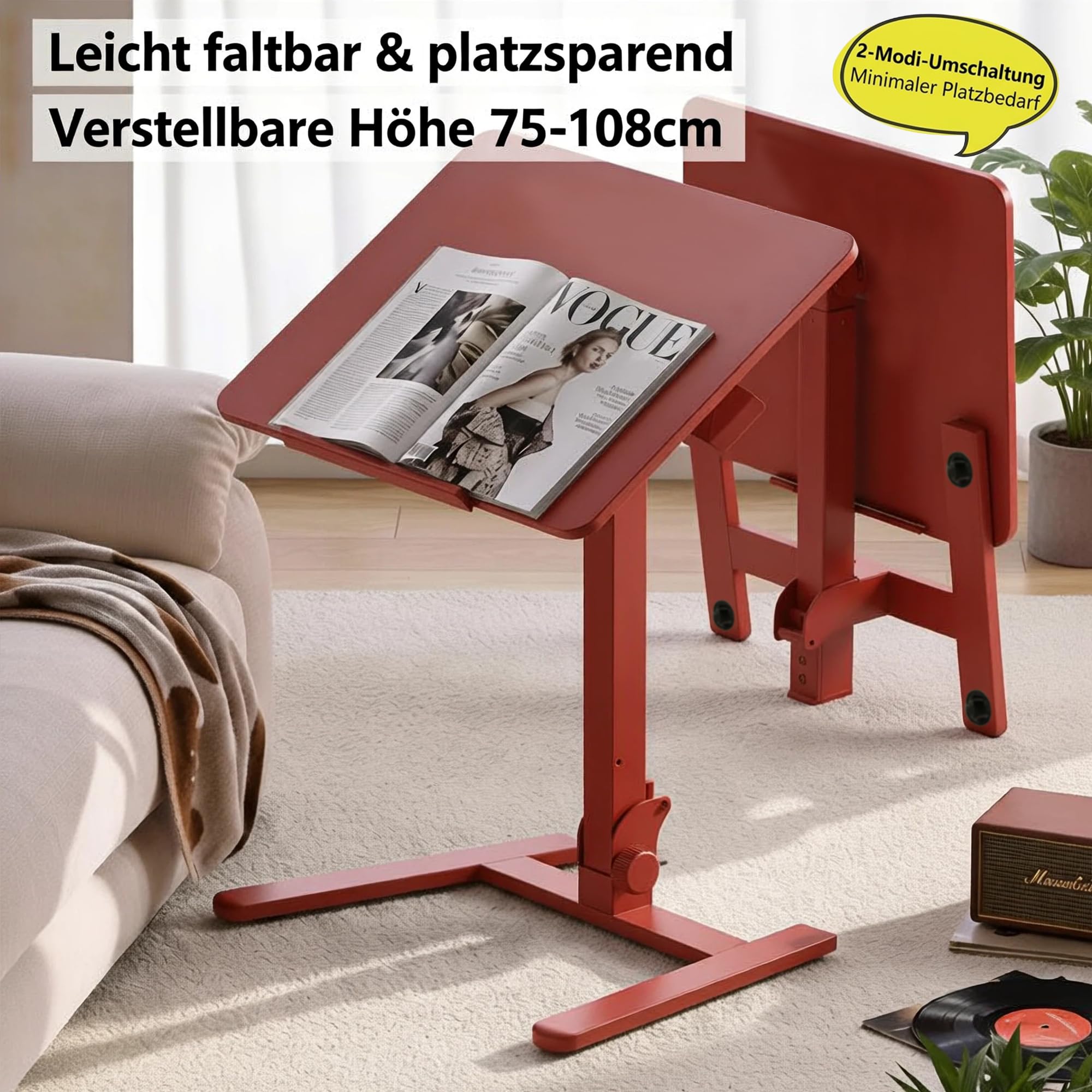 MUSSO AnyDesk D7 mobilny stolik pod laptopa z regulacją wysokości (75-108 cm), składany pulpit stojący z blatem o nachyleniu 0-90°, ergonomiczny stolik pomocniczy (bordowy, 1 sztuka)