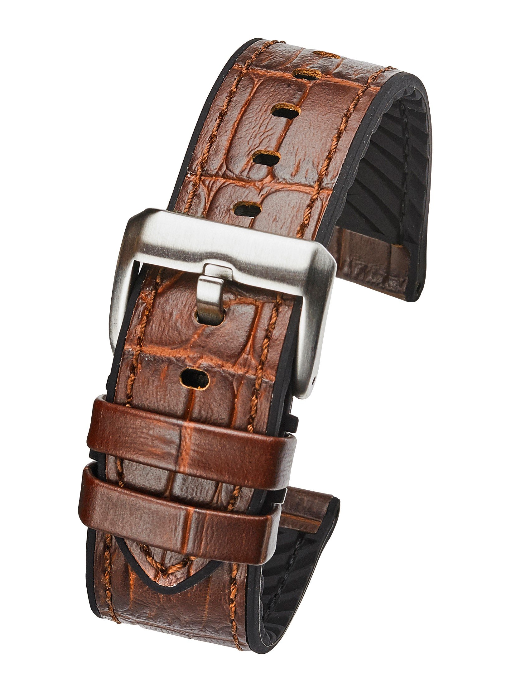 ALPINE Genuine alligator grain leather watch band with silicone lining - Brown - 20 mm